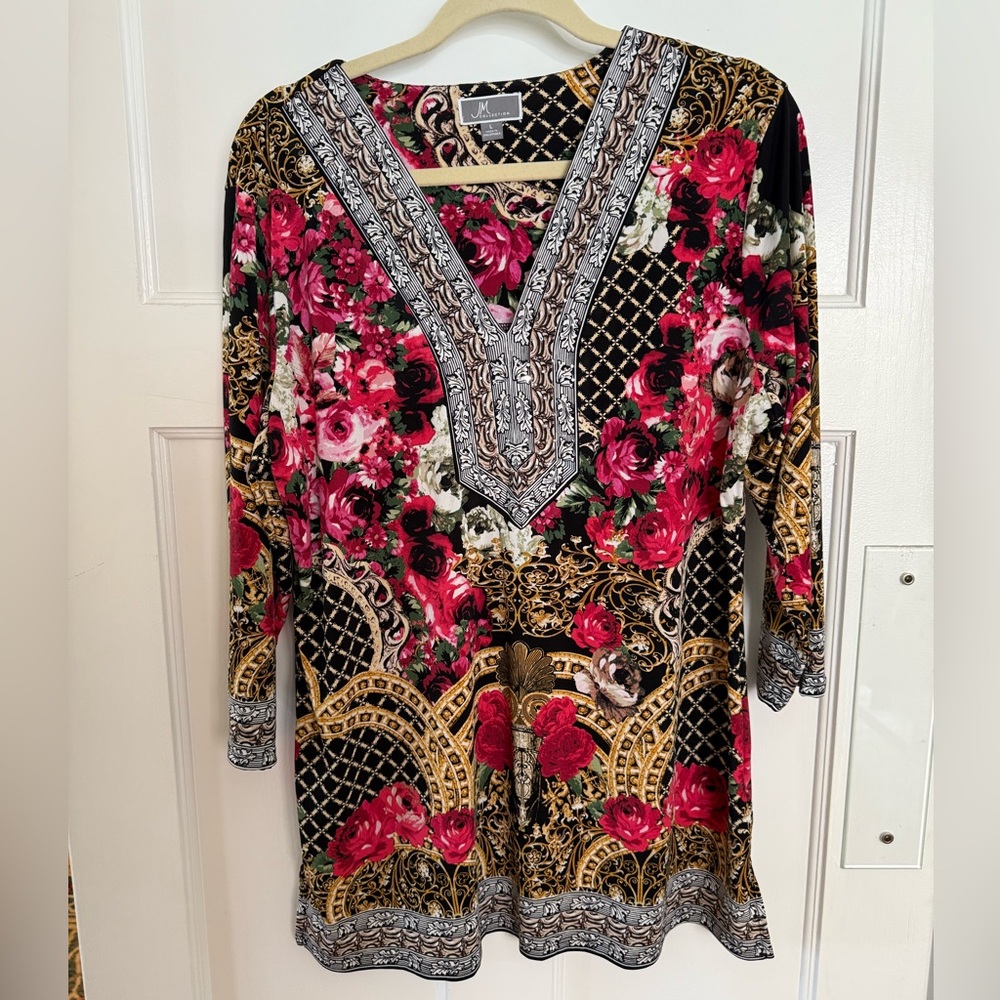 JM Collection Floral V-Neck Tunic - Black, Red, and Gold